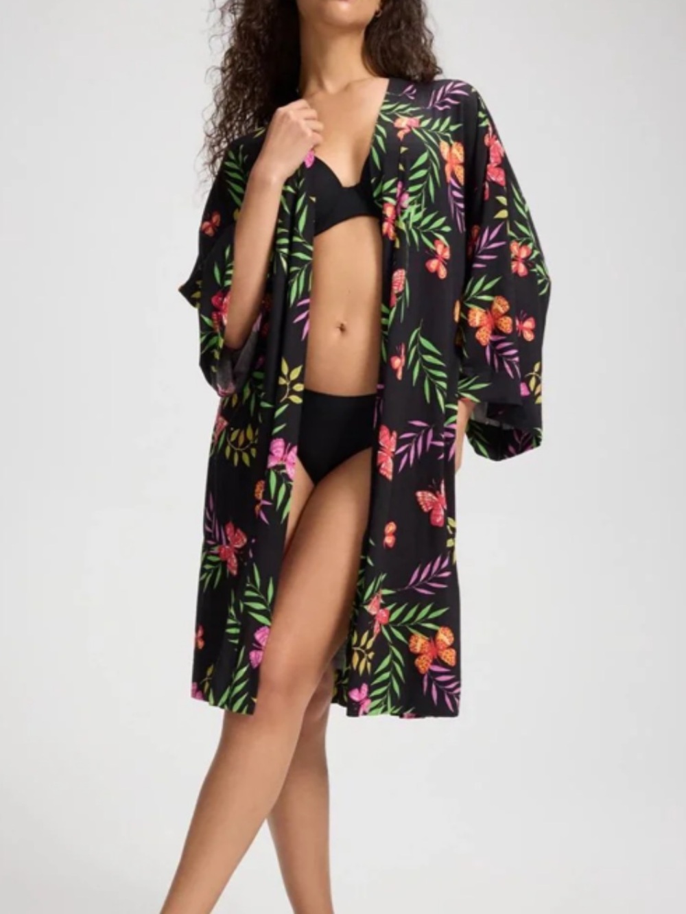 Soma Black &Red Floral Short Robe with Multicolor Tropical Print